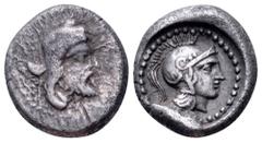 Dynasts of Lycia, Ddenewele AR Triobol. Circa 410-400 BC. Head of satrap right, wearing kyrbasia / Helmeted head of Athena right. SNG Von Aulock 4182 var. (no reverse legend). 2.64g, 14mm, 6h. Good Ve