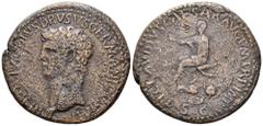 Nero Claudius Drusus Æ Sestertius. Struck under Claudius, Rome, AD 42-43. NERO CLAVDIVS DRVSVS GERMANICVS IMP, bare head left / TI CLAVDIVS CAESAR AVG P M TR P IMP P P P, Claudius seated left on curul