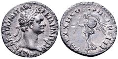 Domitian AR Denarius. Rome, AD 95-96. IMP CAES DOMIT AVG GERM P M TR P XV, laureate head right / IMP XXII COS XVII CENS P P P, winged figure of Minerva flying left, holding spear and shield. RIC 791; 