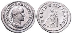 Gordian II AR Denarius. Rome, AD 238. IMP M ANT GORDIANVS AFR AVG, laureate, draped and cuirassed bust right / PROVIDENTIA AVGG, Providentia standing facing, head to left, leaning on column to right a