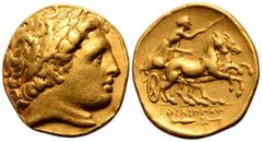 Kingdom of Macedon, Philip II AV Stater. Kolophon, circa 323-316 BC. Struck under Philip III. Laureate head of Apollo right / Charioteer, holding kentron and reins, driving biga right; ΦIΛIΠΠOY, caduc