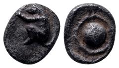Thraco-Macedonian Tribes, uncertain mint AR Tetartemorion. Mid 5th century BC. Primate crouching left / Pellet or shield [within incuse square]. Tzamalis 67; HPM –; SNG ANS –; CNG 88, lots 77–78; CNG 