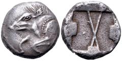 Dynasts of Lycia, uncertain dynast AR Stater. Circa 520-470/60 BC. 'Pre-dynastic' period. Forepart of boar left / Incuse square divided by large X, indentations on three sides. Falghera 14–6; SNG Cope