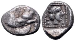 Dynasts of Lycia, Uvug AR Diobol. Circa 470-440 BC. Forepart of winged, man-headed bull advancing right / Head of Aphrodite right within incuse square; Lycian legend OFOV behind. Cf. Vismara II 94 (ob