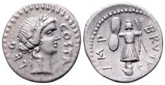 Q. Servilius Caepio (M. Junius) Brutus AR Denarius. Military mint travelling with Brutus and Cassius in Western Asia Minor or Northern Greece, 43-42 BC. Laureate head of Apollo right; COSTA LEG around