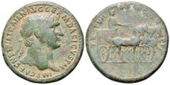Trajan Æ Sestertius. Struck circa 103-111 AD. IMP CAES NERVA TRAIAN AVG GERM DAC-ICVS PM, Laureate bust right, slight drapery on left shoulder, wearing aegis / TRP VII IMP IIII COS V PP, Trajan, holdi