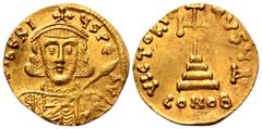 Tiberius III AV Solidus. Constantinople, AD 698-705. D TIBERIVS PE AV Γ, cuirassed bust facing, with short beard, wearing crown and holding spear / VICTORIA AVGV H, cross potent on three steps, CONOB 