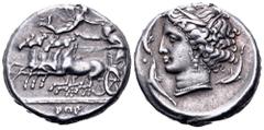 Sicily, Panormos (as Ziz) AR Tetradrachm. Circa 340-310 BC. Charioteer, holding kentron and reins, driving fast quadriga left; above, Nike flying right, crowning charioteer; Punic ṢYṢ (Ziz) in exergue