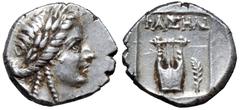 Lycia, Phaselis AR Drachm. Circa 167-100 BC. Laureate head of Apollo right, bow and quiver over shoulder / Kithara, ΦAΣHΛI above, palm to right; all within shallow incuse square. Troxell 49.1 var. (ad