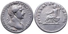 Trajan AR Denarius. Rome, AD 112-114. IMP TRAIANVS AVG GER DAC P M TR P COS VI P P, laureate bust right, slight drapery on far shoulder / DIVVS PATER TRAIAN, Trajan Pater, bare-headed and togate, seat