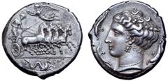 Greek Sicily, Panormos (as Ziz) AR Tetradrachm. Circa 405-380 BC. Charioteer, holding kentron in left hand, reins in both, driving fast quadriga right; Nike flying left above, crowning charioteer with