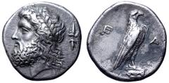 Greek Elis, Olympia AR Stater. 'Zeus' mint, 107th Olympiad, 352 BC. Laureate head of Zeus to left; behind, vertical thunderbolt with wings above and volutes below / Eagle, with closed wings, standing 