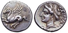 Greek Corinthia, Corinth AR Drachm. Circa 308-307 BC. Pegasos flying left; Q below / Head of Aphrodite left, wearing earring and necklace, hair tied with ribbon and bound at top, falling loose behind;