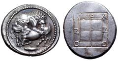 Greek Macedon, Akanthos AR Tetradrachm. Circa 470-430 BC. Lion right, attacking bull crouching left; in exergue, fish left / AKANΘION in shallow incuse around quadripartite square, the quarters raised