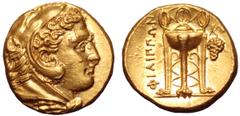 Greek Macedon, Philippoi AV Stater. Circa 356-345 BC. Head of Herakles right, wearing lion skin headdress / Tripod with legs terminating in lion's paws, circular ornaments on top; ΦIΛIΠΠΩN upwards in 