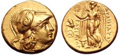 Greek Kings of Thrace, Lysimachos AV Stater. In the types of Alexander III of Macedon. Sestos, circa 299/8-297/6 BC. Head of Athena right, wearing necklace and crested Corinthian helmet decorated with