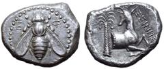 Greek Ionia, Ephesos AR Tetradrachm. Circa 390 BC. Chian standard. Xeines, magistrate. Bee with slightly curved wings seen from above; Ε-Φ flanking / Forepart of stag to right with head reverted, palm