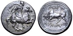 Greek Ionia, Magnesia ad Maeandrum AR Tetradrachm. Circa 350-325 BC. Rhodian standard. Lykomedes, magistrate. Helmeted and cuirassed cavalryman on horseback, galloping right, holding lance in right ha
