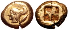 Greek Mysia, Kyzikos EL Stater. Circa 550-500 BC. Head of youthful Perseus to left wearing winged cap; tunny fish downwards behind / Quadripartite incuse square. Von Fritze 65; SNG France 193. 16.16g,