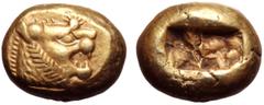 Greek Kingdom of Lydia, Alyattes EL Trite. Sardes, circa 610-546 BC. Head of roaring lion to right, sunburst with multiple rays on forehead / Two incuse square punches of unequal size. Traité II/1, 44