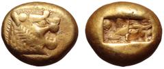 Greek Kingdom of Lydia, Alyattes EL Trite. Sardes, circa 610-546 BC. Head of roaring lion to right, sunburst with multiple rays on forehead / Two incuse square punches of unequal size. Traité II/1, 44