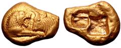 Greek Kingdom of Lydia, Kroisos AV Stater. Heavy series. Sardes, circa 564/53-550/39 BC. Confronted foreparts of lion and bull / Two incuse squares of unequal size. Berk 2; Le Rider, Naissance, pl. V,
