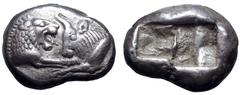 Greek Kingdom of Lydia, Kroisos AR Half Stater - Siglos. Sardes, circa 564/53-550/39 BC. Confronted foreparts of lion right and bull left / Two incuse square punches of unequal size. Berk 23; Traité -