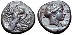 Greek Karia, Knidos AR Tridrachm. Symmachy coinage, circa 405/4 BC. Herakliskos Drakonopnigon: the Infant Herakles, nude, crouching facing on rock, head left, strangling a serpent in each hand; ΣY[N] 