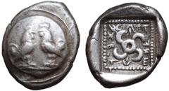 Greek Dynasts of Lycia, Teththiveibi AR Tetrobol. Circa 440-430 BC. Two cockerels facing one another on a round shield / Tetraskeles in dotted square; Lycian script around. Cf. SNG von Aulock 4158 (St