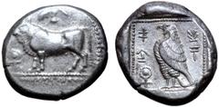 Greek Cyprus, Paphos AR Stater. Onasioikos, circa 450-440 BC. Bull standing left on beaded double line; winged solar disk above, ankh to left / Eagle standing left; ankh to left, 'pa-si o-na' in Cypri