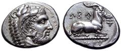 Greek Cyprus, Salamis AR Stater. Evagoras I, circa 411-374 BC. Head of bearded Herakles wearing lion skin headdress to right, Cypriot script before / Goat with long horns and beard lying to right on d