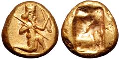 Greek Achaemenid Kings of Persia AV Daric. Time of Darios I to Xerxes II, circa 485-420 BC. Persian Great King or hero, wearing kidaris and kandys, in kneeling-running attitude on exergual line to rig