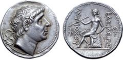 Greek Seleukid Empire, Antiochos I Soter AR Tetradrachm. Seleukeia, circa 281-261 BC. Diademed head right / BAΣIΛEΩΣ ANTIOXOY, Apollo seated to left on omphalos, holding arrow and resting left hand on