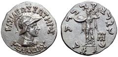 Greek Indo-Greek Kingdom, Menander I Soter AR Drachm. Circa 155-130 BC. Diademed, draped, and cuirassed bust right, wearing crested helmet covered with pelt of scales and adorned with wing; ΒΑΣΙΛΕΩΣ Σ