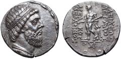 Greek Kings of Parthia, Mithradates I AR Tetradrachm. Seleukeia on the Tigris, circa 141/0 BC. Diademed and draped bust right of Mithradates right / BAΣIΛEΩΣ MEΓAΛOY APΣAKOY ΦIΛEΛΛHNOΣ, diademed and b