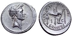 Roman Imperatorial Julius Caesar AR Denarius. Rome, 40 BC. Ti. Sempronius Gracchus, moneyer. Laureate head of Caesar right / Signum, aquila, plow, and decempeda; TI•SEMPRONIVS above, GRACCVS below, Q•