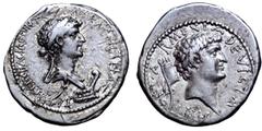 Roman Imperatorial Cleopatra and Marc Antony AR Denarius. Uncertain Eastern mint, autumn 34 BC. ΚΛΕΟΠΑΤΡA ΒΑCΙΛICΗC ΒΑCΙΛΕWΝ Τ...N, diademed and draped bust of Cleopatra right; at point of bust, prow 
