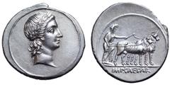 Roman Imperatorial Octavian AR Denarius. Italian mint (Rome?), autumn 30 - summer 29 BC. Laureate bust of Apollo Actius right, with features of Octavian / Octavian, veiled and in priestly robes, ploug