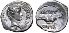 Roman Imperatorial Octavian AR Denarius. Uncertain Eastern mint, 28 BC. CAESAR•DIVI•F COS•VI, bare head right; small Capricorn right below neck truncation / Nile crocodile standing right with jaws clo
