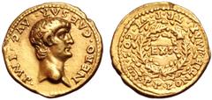 Roman Imperial Nero AV Aureus. Rome, AD 59-60. NERO CAESAR AVG IMP, youthful bare head right / PONTIF MAX TR P VI COS IIII P P around oak wreath enclosing EX S C. RIC 19; BMC 21; Calicó 426. 7.75g, 19