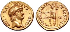 Roman Imperial Nero AV Aureus. Lugdunum, AD 63. NERO CAESAR AVG IMP, youthful bare head right / PONTIF MAX TR P X COS IIII P P, Roma standing left, holding spear and balancing parazonium on knee while