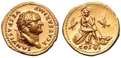 Roman Imperial Titus, as Caesar, AV Aureus. Rome, AD 77-78. T CAESAR IMP VESPASIANVS, laureate bust right / Roma, helmeted, seated right on two shields, left foot on helmet, holding spear before her; 