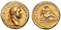 Roman Imperial Domitian AV Aureus. Rome, 1 January - 13 September AD 88. IMP CAES DOMIT AVG GERM P M TR P VII, laureate head right / IMP XIIII COS XIIII CENS P P P, Germania, bare-chested but wearing 