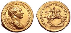Roman Imperial Trajan AV Aureus. Rome, circa AD 104/105-107. IMP TRAIANO AVG GER DAC P M TR P COS V P P, laureate, draped and cuirassed bust right / SPQR OPTIMO PRINCIPI, Trajan in military dress, on 