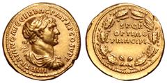 Roman Imperial Trajan AV Aureus. Rome, circa AD 107. IMP TRAIANO AVG GER DAC P M TR P COS V P P, laureate, draped and cuirassed bust right / SPQR OPTIMO PRINCIPI in three lines within oak wreath C. 58