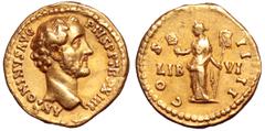 Roman Imperial Antoninus Pius AV Quinarius. Rome, AD 150-151. ANTONINVS AVG PIVS P P TR P XIIII, bare head right / COS IIII, Liberalitas standing left, holding account board and vexillum, LIB-VI acros