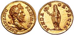 Roman Imperial Septimius Severus AV Aureus. Rome, AD 201. SEVERVS AVG PART MAX, laureate head right / FVNDATOR PACIS, Severus, veiled, standing left, holding branch and scroll. RIC 160; Calicó 2459; C