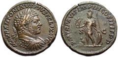 Roman Imperial Caracalla Æ Sestertius. Rome, AD 214. M AVR ANTONINVS PIVS FELIX AVG, laureate and cuirassed bust right, seen from behind / P M TR P XVII IMP III COS IIII P P, Mars standing left, holdi