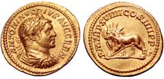 Roman Imperial Caracalla AV Aureus. Rome, AD 216. ANTONINVS PIVS AVG GERM, laureate, draped and cuirassed bust right, seen from behind / P M TR P XVIIII COS IIII P P, radiate lion radiate walking to l