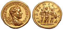 Roman Imperial Elagabalus AV Aureus. Rome, AD 218-219. IMP CAES M AVR ANTONINVS AVG, laureate, draped and cuirassed bust right / FIDES MILITVM, laureate figure of Elagabalus standing right, dressed in